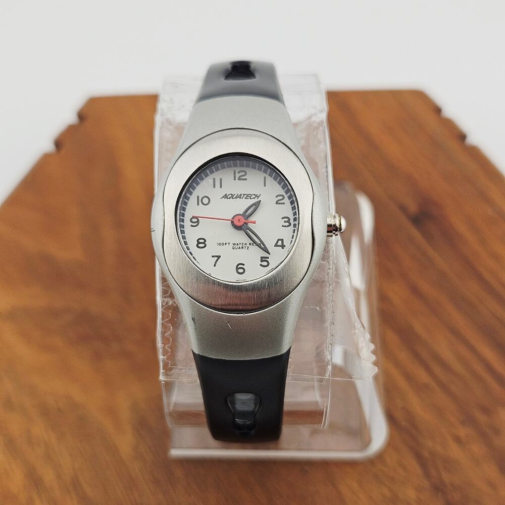 Aquatech Silver Tone Unisex Watch Artsy Bold Futuristic Avant Garde Black Band